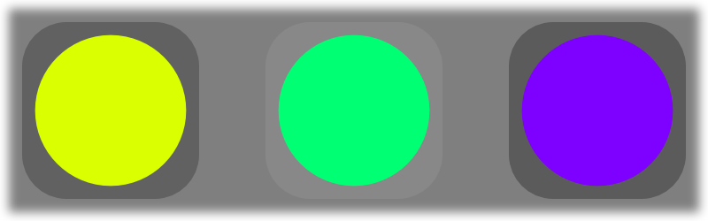 Three circles in a row against a dark background, coloured greenish yellow, green, and purple.